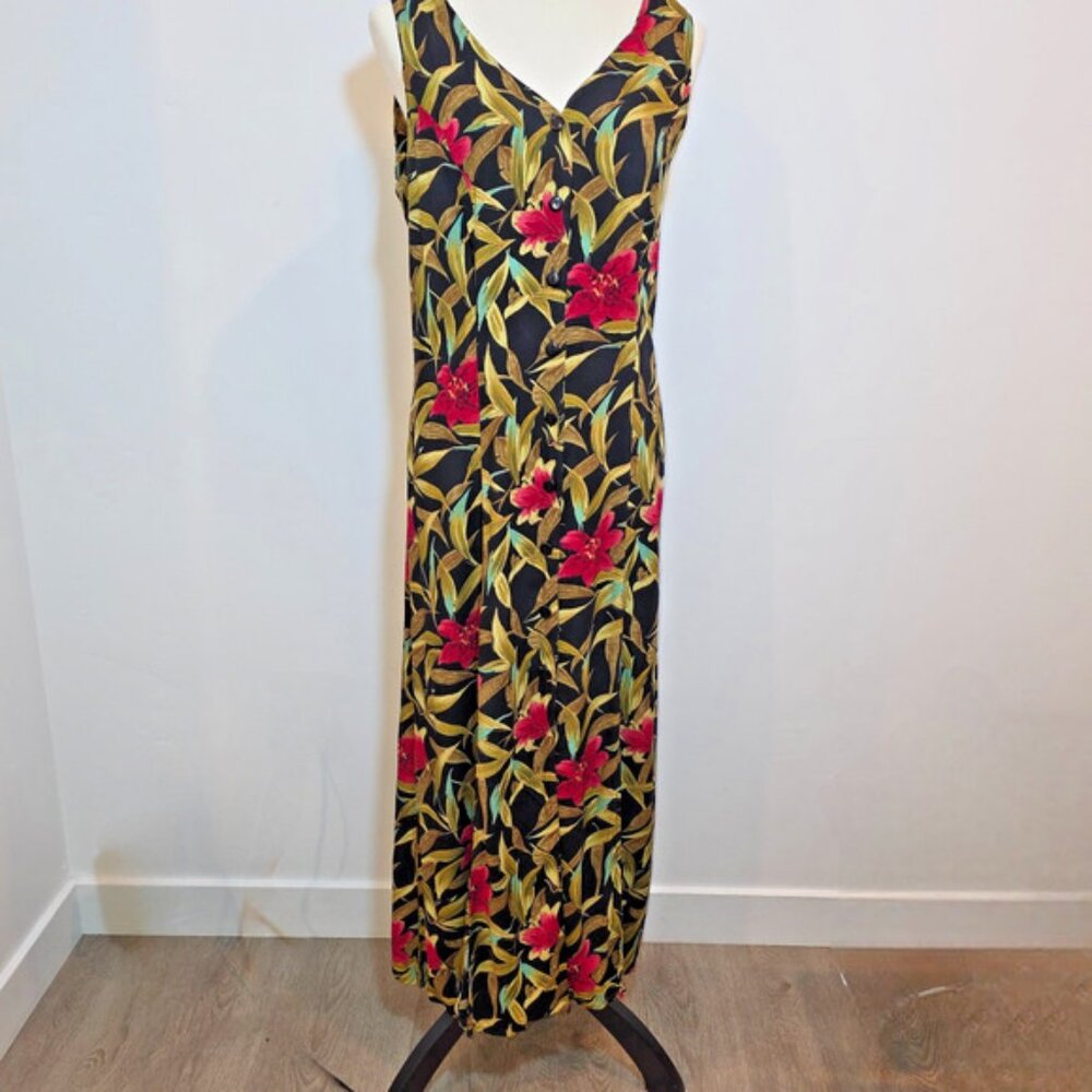 Vintage Black Floral Maxi Dress Womens Medium Petite Tropical Resort Wear Hawaii